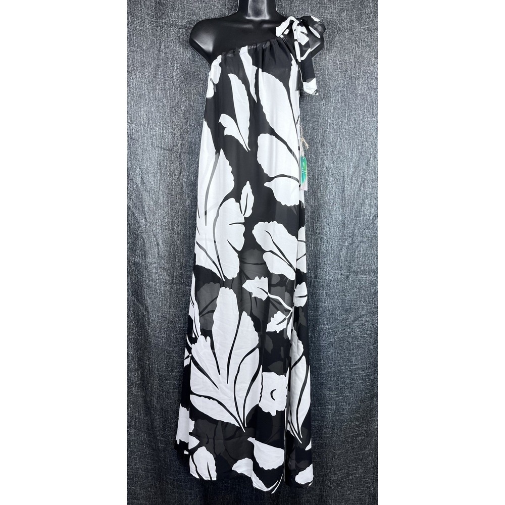 NWT True Destinations XL Coverup Maxi Dress Black White One Shoulder Beach Swim